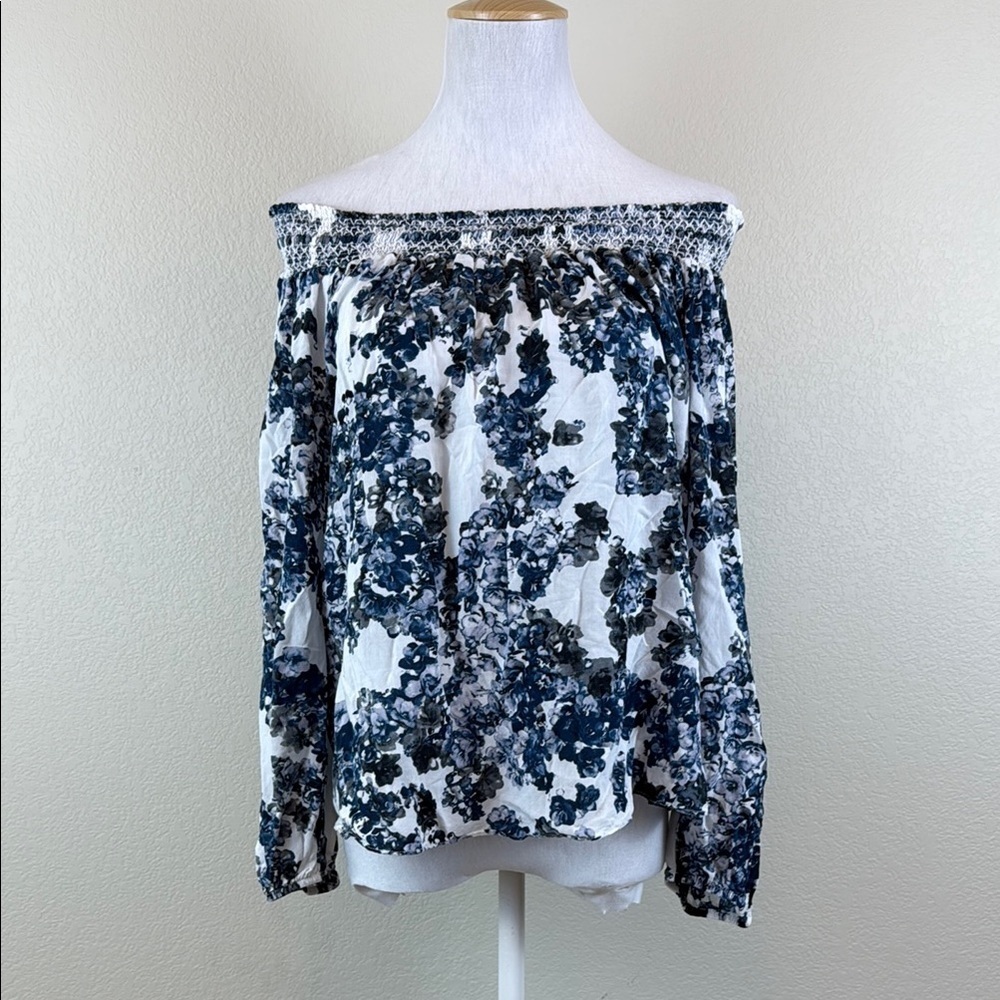 Parker Blue and White Floral Smocked 3/4 Sleeve Off Shoulder Blouse Size Medium